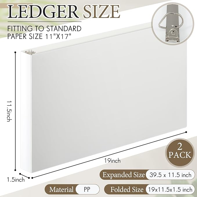 Humyoun 2 Pcs 11 x 17 Inch 3 Ring Binders 1 Inch Rings Heavy Duty View D Ring Binders Economy Holds 11" x 17" Paper for Artwork Blueprints, Office, Home, Work Places(White)