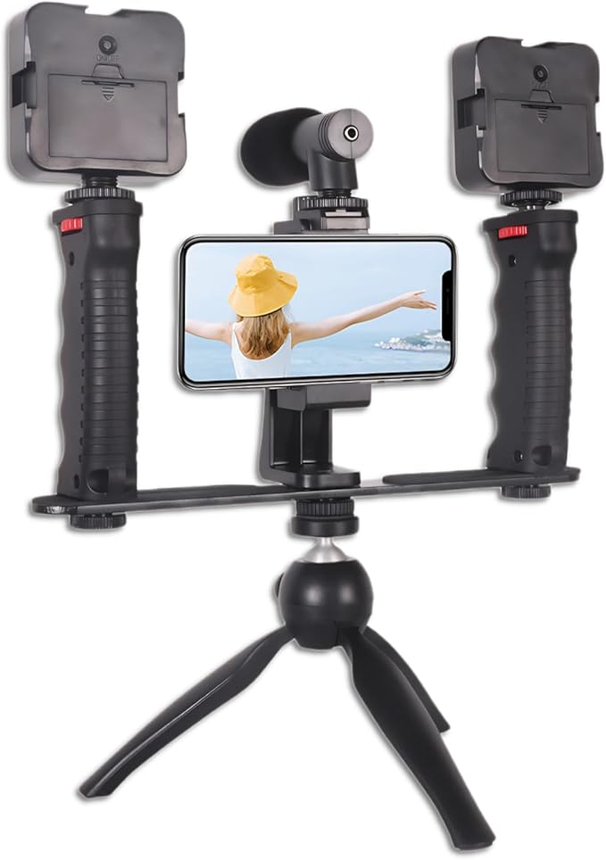 Smartphone Video Rig with Handle, 1/4in Screw, Cold Shoe Interface, Phone Video Stabilizer Grip for Live Streaming, Vlogging Cage