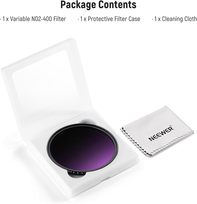 NEEWER 67mm Variable ND Filter, Hard Stop Limited Adjustable ND2-ND400 Camera Lens Neutral Density Photography Filter, Multicoated Water Repellent Scratch Resistant Optical Glass Slim Aluminum Frame