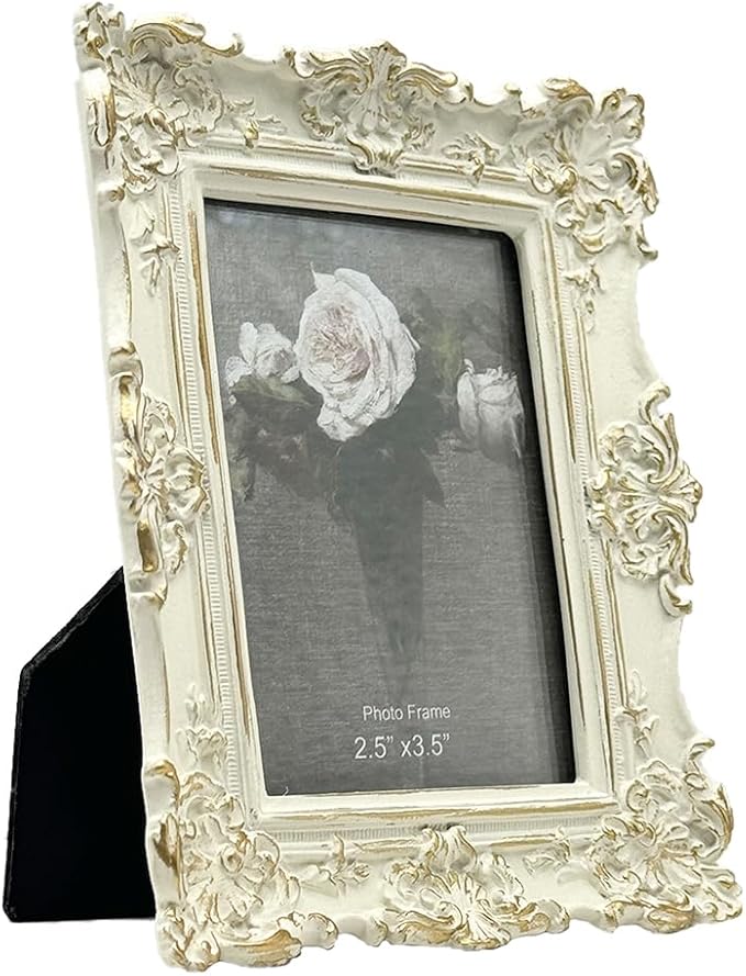 CISOO 2.5x3.5 Vintage Small Picture Frame, Antique Ornate White with Gold Wallet Size Photo Frame, for Table Top and Wall Display, Decorative Floral Design Retro Home Decor, Photo Gallery Art