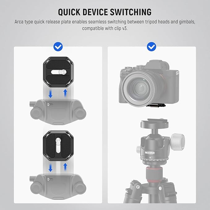 NEEWER GM34 Camera Quick Release Plate Kit, Quick Switch Auto Lock Square QR Mount Plate with Arca Type Clamp Base, Compatible with Arca Swiss Camera Clip, Max Load 11lb/5kg