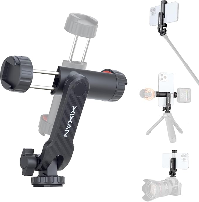Phone Tripod Mount Adapter with Cold Shoes and 1/4" Screw, 360° Rotates and 180° Tilts Adjustable Cell Phone Clamp Holder, Compatible with iPhone Samsung and Universal Smartphone for Photography