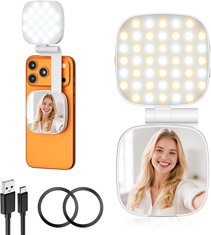 Diyife Magnetic Selfie Light for Phone, [Compatible with MagSafe] CRI95, 6 Modes, 45 LED, 360° Rotatable Phone Light with Foldable Mirror, Portable Selfie Ring Light for Zoom Makeup Video Conference
