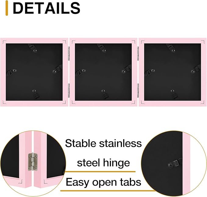 decorUhome Triple 4x4 Picture Frame Vertical, Engineered Wood Trifold Photo Frame with Plexiglass for Tabletop Display, 4x4, Pink