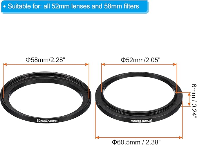PATIKIL 52mm-58mm Metal Step Up Ring, 2 Pack Camera Lens Filter Adapter Ring Aluminum Filter Adapter Ring for Camera Lenses Hood, Black