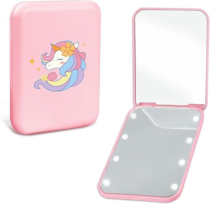 Preppy Cute Travel Compact Mirror with Light for Purses 1X/2X Magnification Small Led Portable Pocket Makeup Mirror, Pink Christmas Birthday Gift Stocking Stuffers for Teen Girls Women