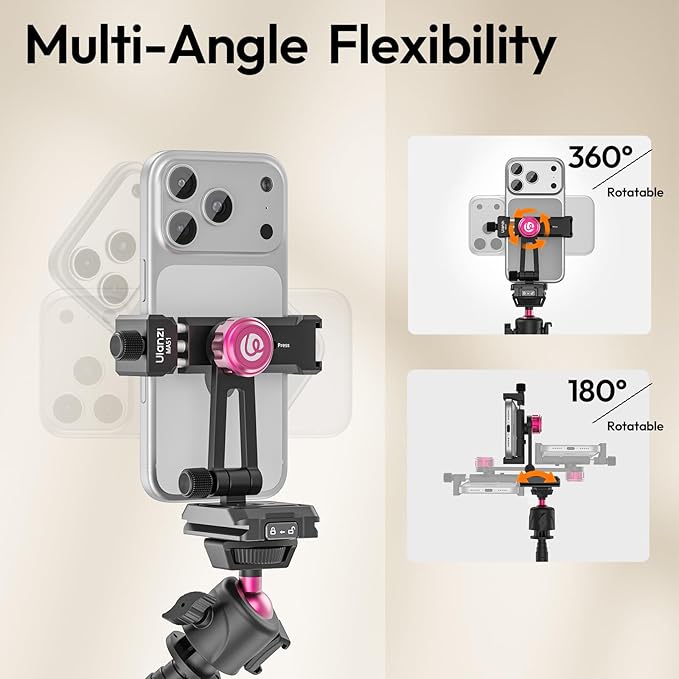 ULANZI MA51 Metal Phone Tripod Mount, Universal Phone Clamp with Arca QR Base, Cold Shoe, Aluminum Tripod Adapter Cell Phone Holder Compatible with iPhone 17 16 15 14 Samsung
