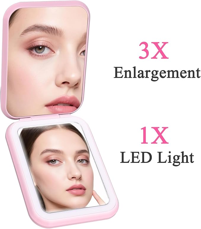 QUELIEN Lighted Compact Mirror, Rechargeable 1X/3X Magnifying Makeup Mirror Portable Natural Daylight Led Travel Makeup Mirror Small Dimmable Illuminated Mirror for Handbag