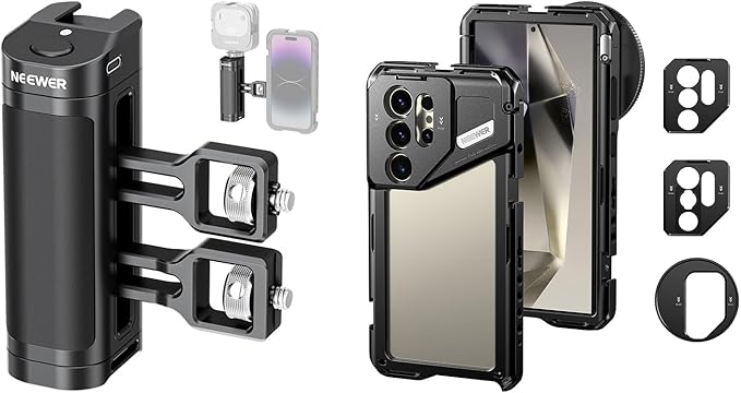 NEEWER Side Handle Grip with Wireless Remote Control Button Shutter Trigger for Smartphone Cage Video Rig, S24 Ultra Phone Cage with 67mm Filter Adapter Included