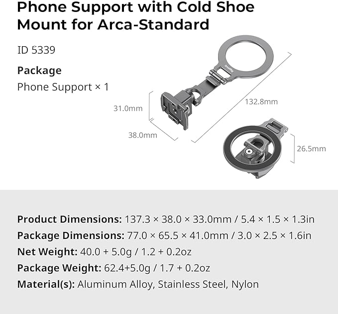 SMALLRIG Metal Phone Mount with Baseplate for Arca-Standard, Compatible for DJI RS 4 Mini, Smartphone Support with Cold Shoe Mount, Phone Tripod Mount for iPhone 17/16/15 Series etc. - 5339