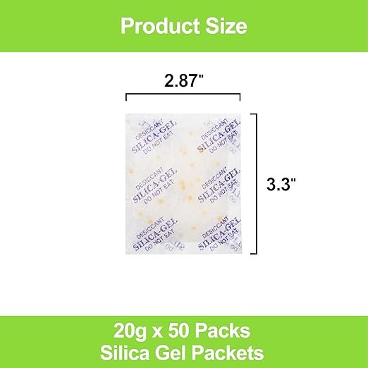 50-Pack 20g Silica Gel Packets – Heavy Duty Premium Rechargeable Moisture Absorbers with Color Indicating Beads for Bulk Storage, Seeds, Collectibles & Leather