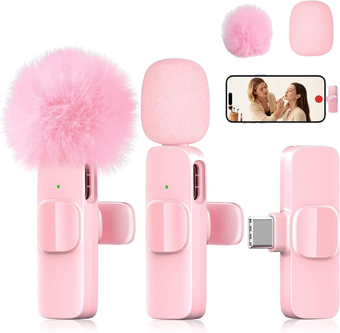 Pink Mini Wireless Microphone, Professional Lavalier Lapel Mic with USB-C & Lightning for iPhone, iPad, Android, iPhone Mic for Crystal Clear Recording, Video Making, Vlogging, Content Creators