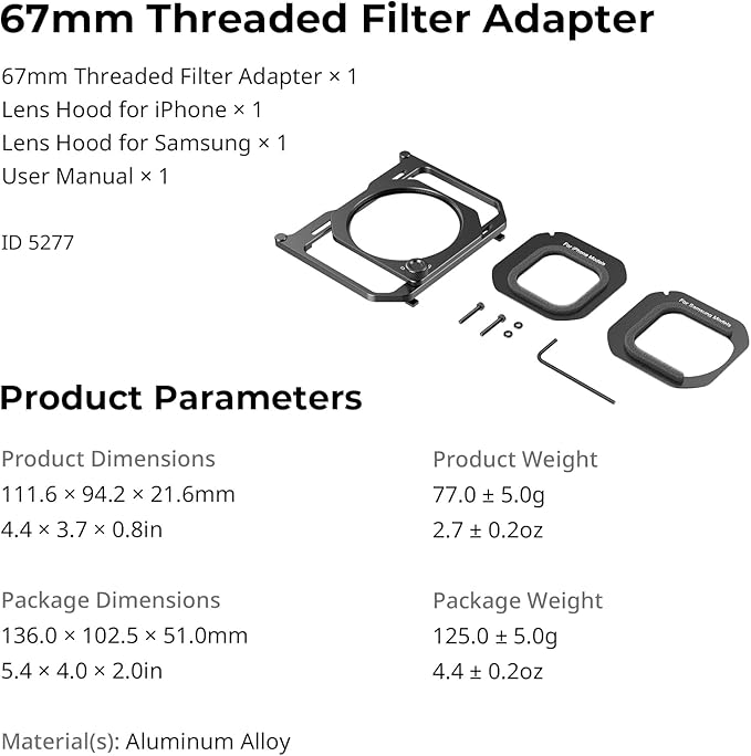 SMALLRIG 67mm Threaded Filter Adapter with Detachable Sun Hoods for Universal Phone Cage 4704/4597/5275/5276/4299B,for iPhone, for Samsung & Smartphones - 5277
