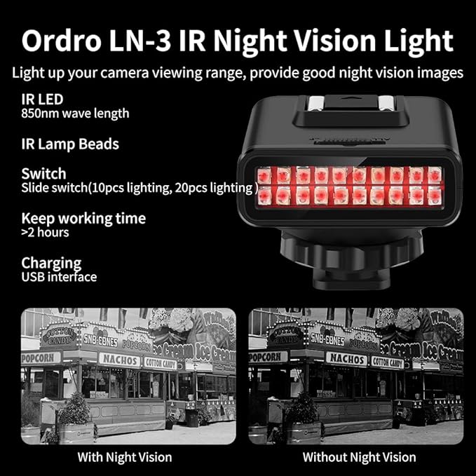 Ordro LN-3 IR Night Vision Light for Enhancing Camera Night Shooting Visibility, 1/4 Hot Shoe Compatible DSLR/Ordro Camera, 850nm IR Light USB Rechargeable IR Photography Light (Ghost Hunting Device)