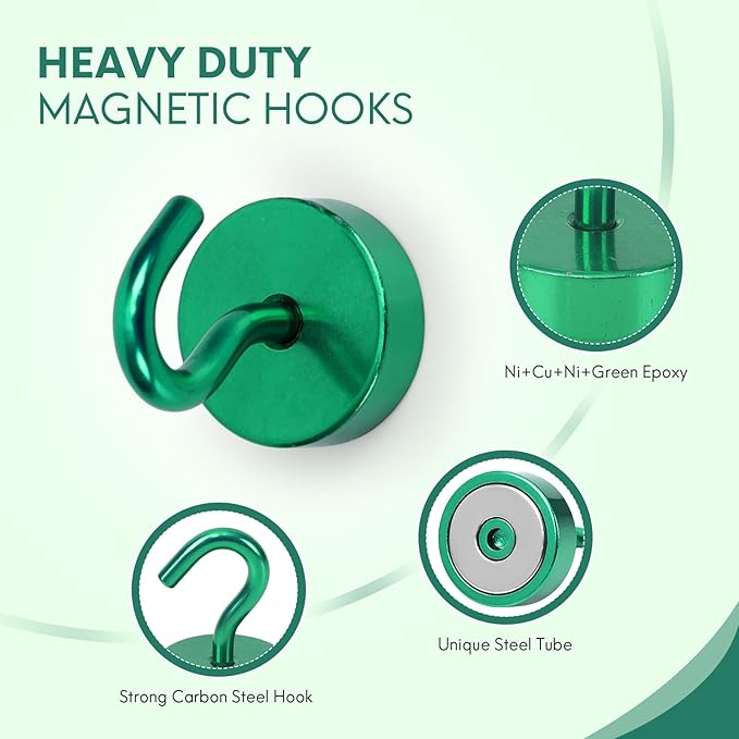 Neosmuk Magnetic Hooks, Cruise Ship Essentials, 40lb+ Heavy Duty Magnetic Hooks for Cruise Cabins, Refrigerator, Grill, Hanging, and Travel | Extra Strong Must-Haves Magnet Hook,Green,Pack of 5