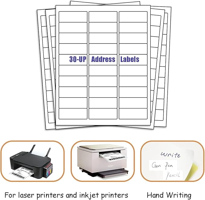 30 UP Labels 1" x2-5/8 Mailing Shipping Address FBA Label for Laser/Inkjet Printers, White Blank Sticker Name Tags, Printable Address Label (2000 Sheets, 60,000 Labels)