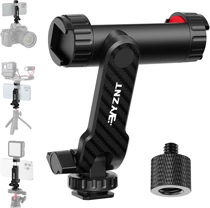 Phone Tripod Mount, Universal Smartphone Holder with 2 Cold Shoe Mount Adapter and 1/4" Standard Screw Thread, 360°Rotation & 180°Tilt Phone Clamp Compatible with iPhone & Android for Photography