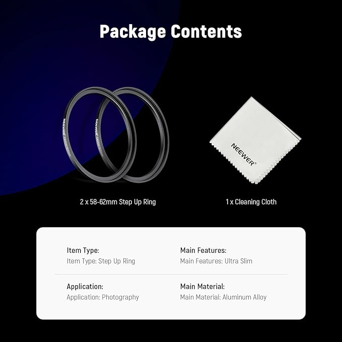 NEEWER 58-62mm Step Up Ring Adapter (2 Pack) with Cleaning Cloth, Ultra Slim Aluminum Alloy Lens Filter Adapter Ring for 58mm Camera Lens to Use 62mm Filter