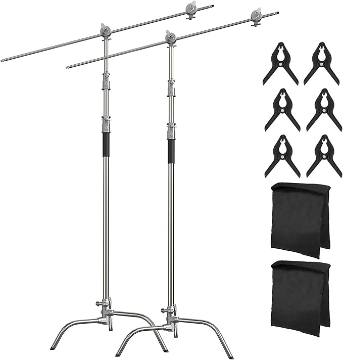 2 Pack Photography C Stand with Boom Arm: 100% Stainless Steel - Max Height 10.5ft/131inch Heavy Duty Light Stand, with 4.2ft/50inch Holding Arm, Grip Head, Sandbag, Backdrop Clamp