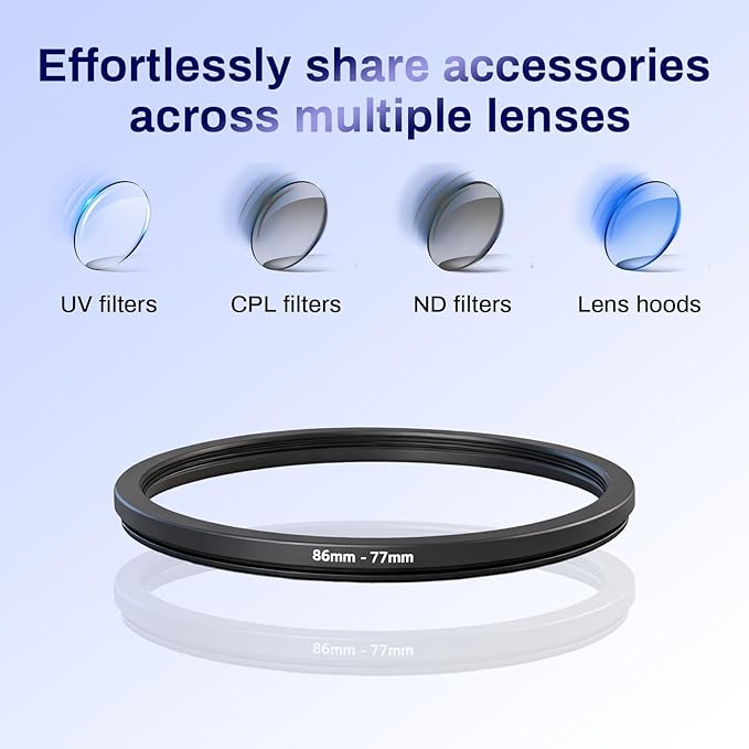 86-77mm Step Down Ring Adapter Filter, Metal Camera Lens Filter Adapter Ring Set Universal Black Stepping Rings Fits 86mm Lens to 77mm UV/CPL/ND Filters Hoods Converters