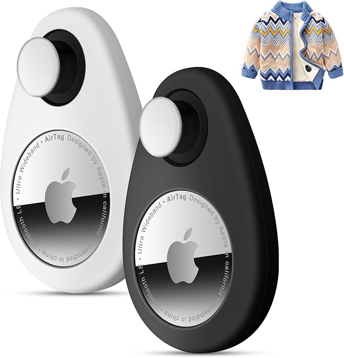 2 Pack Airtag Holder for Kids Hidden,GPS Tracker Case, Anti-Removal Airtag Silicone Case with Pins, Suitable for Children, Elderly, Pets, Backpack, Luggage (White & Black, 2 Pack)