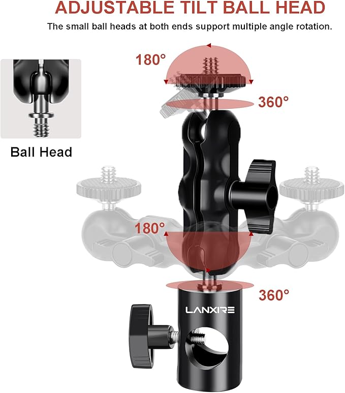 Lanxire 1/4" Screw Mount Adapter (2 Pack) with Dual Joint Tilt for C Stand Boom Arm, Mount Converter with Double Ball Head, for Flash Bracket Photography Light Stand Overhead Camera Mount, 0213