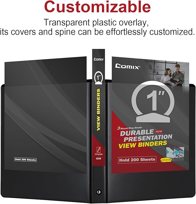 COMIX Sturdy 3 Ring Binder 1 inch with Clear View Cover, 1" Round Ring View Binder, PVC-Free, 2.4mm-Thick, 200 Sheets Capacity of US Letter Size Paper, Office ＆ School Supplies, 8 Pack (Black)