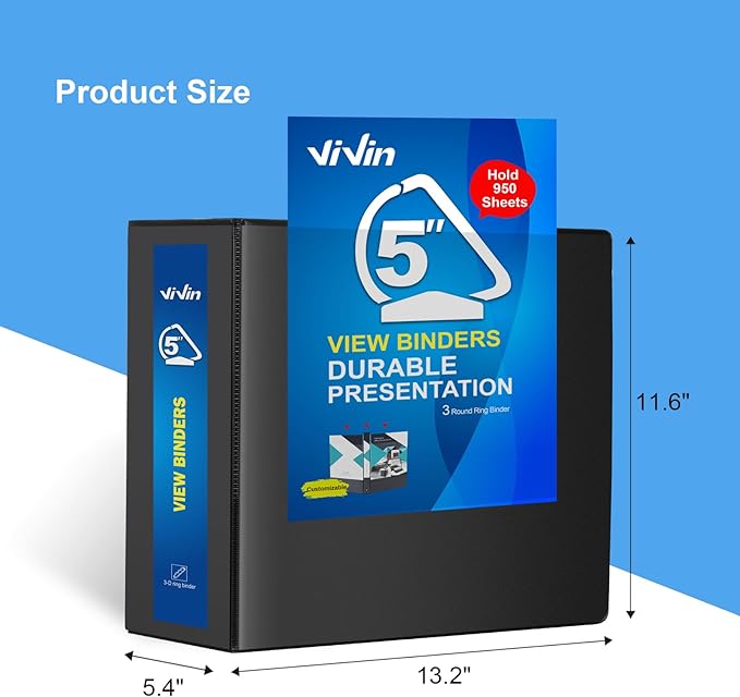 ViVin Durable 5 inch D Ring View Binder, Large 5" Slant-D Ring with 950-Sheet Capacity, Fit 8.5" x 11" Paper, 2 Pack(Black)