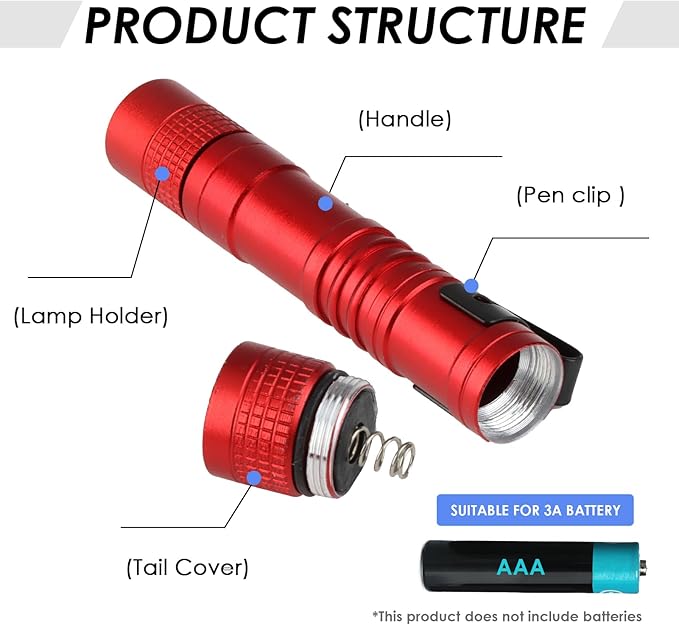 Mini Flashlight, AAA Small Pen Light with Clip, Portable 500lm Pocket Pen Flashlight for Inspection Repair Outdoor Emergency (3 Pack, Red, 3.5")