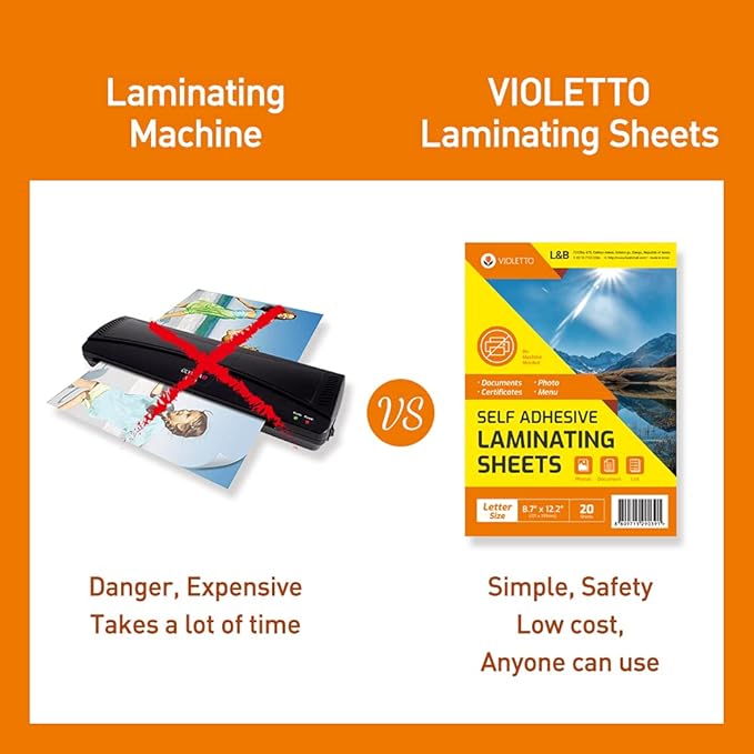 [VIOLETTO] 20 Sheets - Self Adhesive Laminating Sheets for Ultimate Protection. No Machines Needed, 4 Mil Thickness, 8.5 x 11 Inches. Effortless, Durable & Perfect for Documents & Photos.