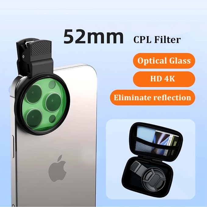 CPL Polarizing Filter for Phone,52mm Camera Lens Filter with Lens Clip Compatible for iPhone 14 Pro Max 13 Pro Max 13 Mini 12 11 X XS Max Samsung Galaxy