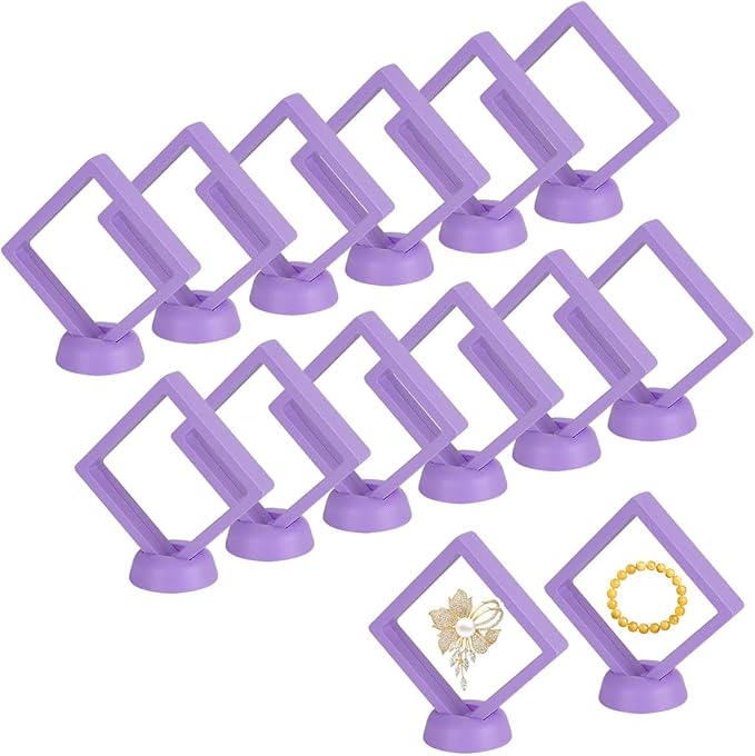 12PCS 3D Floating Frame Case with Stands, Challenge Coin Display Stand Holder, Gift Packing Frame Showcase for Earrings, Jewelry, Medallions, Specimens, 3.54x3.54 Inch (Purple)
