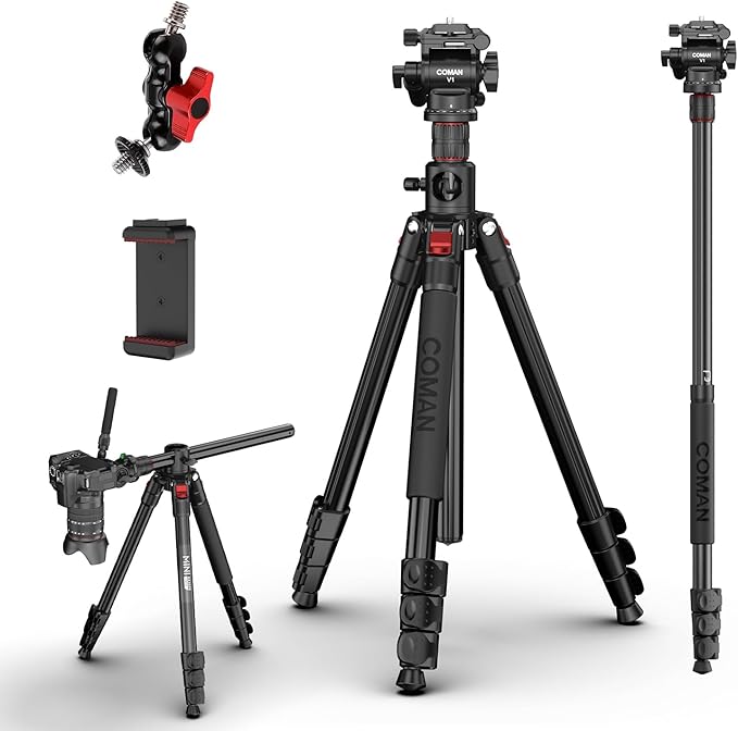COMAN 72" Overhead Camera Tripod, Horizontal Video Tripod with Fluid Head QR Plate, Detachable Monopod, for DSLR Camera and Phone Camcorder Spotting Scope
