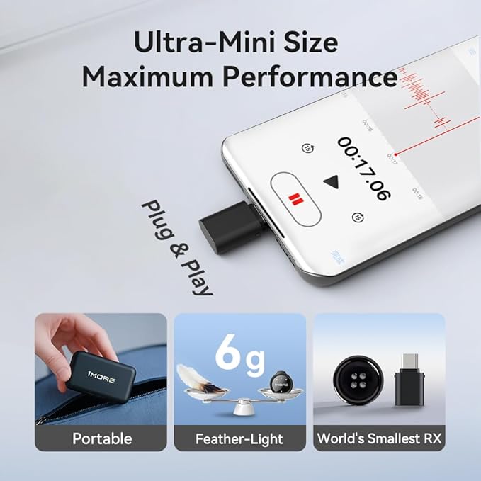 1MORE Mini Wireless Microphone (2 TX + 2 RX), Wireless Lavalier Microphone for iPhone/Android, High Fidelity Audio, Noise Cancellation, 18H Playing time, Mini Video Recording Mic for vlog, Streaming