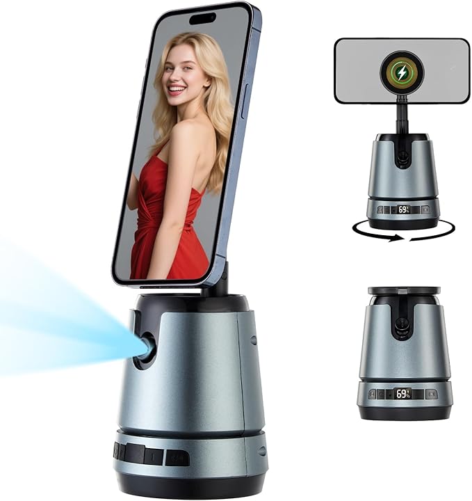 Auto Face Tracking Tripod & Wireless Charger,360° Rotating Cell Phone Photo Video Kits,No App, Gesture Control, Rechargeable Smart Shooting Stand,Wireless Charging for iPhone/Samsung Galaxy