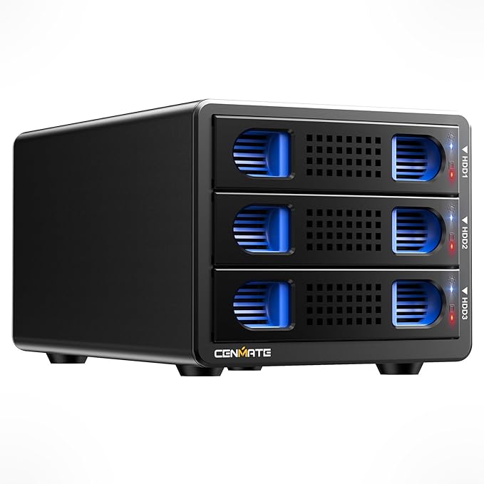 CENMATE 3 Bay Hard Drive Enclosure with Cooling Fan for 2.5“/3.5" SATA HDD/SSD with USB A/C 3.0, Support 60TB, Hot Swappable, Daisy Chain Expansion, Tool-Free HDD Enclosure, DAS(NO RAID/NAS)