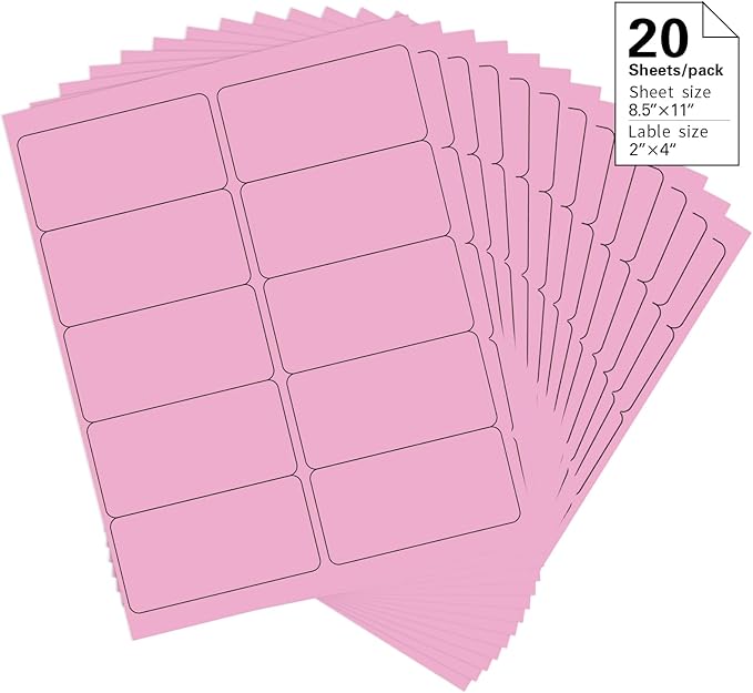 2" x 4" Colored Address Labels, 200 Bright Pink Label Stickers- Laser/Ink Jet Printer Mailing Labels, 8.5"x11" 20 per Sheet