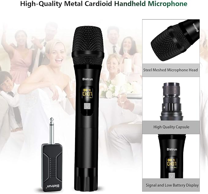 Bietrun Wireless Microphone, Dynamic Microphone with Rechargeable Receiver, Auto Connect,All Metal Design,160ft Range,Cordless Mic for Karaoke Machine,Amplifier Speaker,Mixer,iPhone,Camera, Interview
