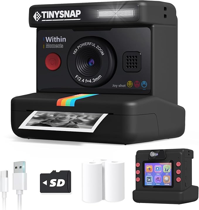 Instant Print Camera for Kids,Dual Len Kids Cameras with 2.4 Inch Screen, Christmas Birthday Gifts for Girls Age 3-12, Portable Toddler Toy for 3 4 5 6 7 8 9 10 Year Old Girls Boys (Black)
