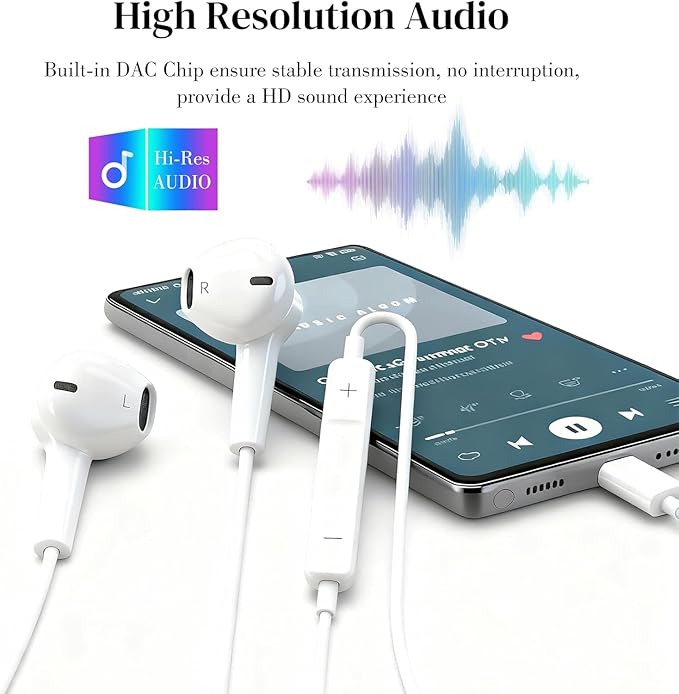 USB C Headphone for Samsung S25 S24 S23 Ultra FE Wired Earbuds in-Ear Type C Earphone with Microphone Volume Control Stereo Noise Canceling for iPhone 17 16 15 Pro Max Pixel 10