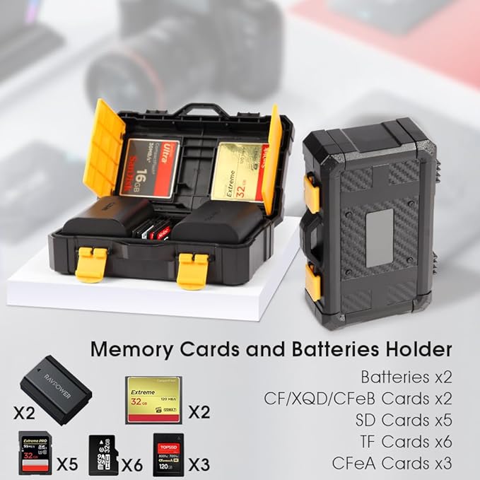 Multi-Function Camera Battery Case Anti-Shock Memory Card Holder for 2X Camera Batteries, 2X CF/XQD/CFeB, 5X SD, 6X TF, and 3X CFeA