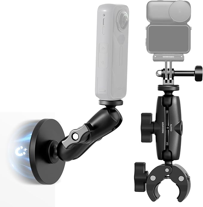 NEEWER Motorcycle Bicycle Handlebar Clamp Holder Magnetic Car Mount Accessories Kit Compatible with Insta360 X5 X4 X3 GoPro DJI AKASO Action Cameras, 360° Ball Heads for POV Video Recording, CA175