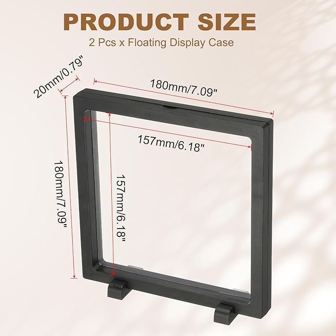 PATIKIL 2Pcs Floating Display Case, 7.1 Inch Jewelry Display Case Stand Challenge Coin Holder Frames Transparent Large Storage Box 3D for Necklace Bracelets Pendants, Black