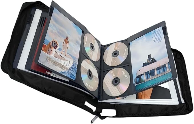 DVD CD Storage Case with Extra Wide Title Cover Pages for Blu Ray Movie Music Audio Disk (Portable Carrying Binder Holder Wallet Album Home Organizer Shelf)- Black, 128 disk units, 64 cover pockets