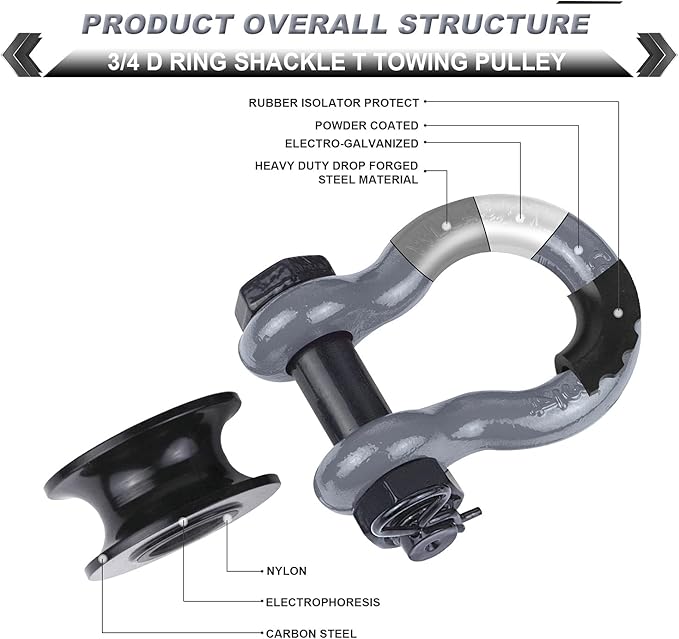 Upgraded Snatch Block, 3/4" D Ring Shackle (2 Pack) 22,000lb Break Strength with Towing Pulley, Heavy Duty Offroad Recovery Accessory for Truck, Tractor, ATV & UTV - Gray