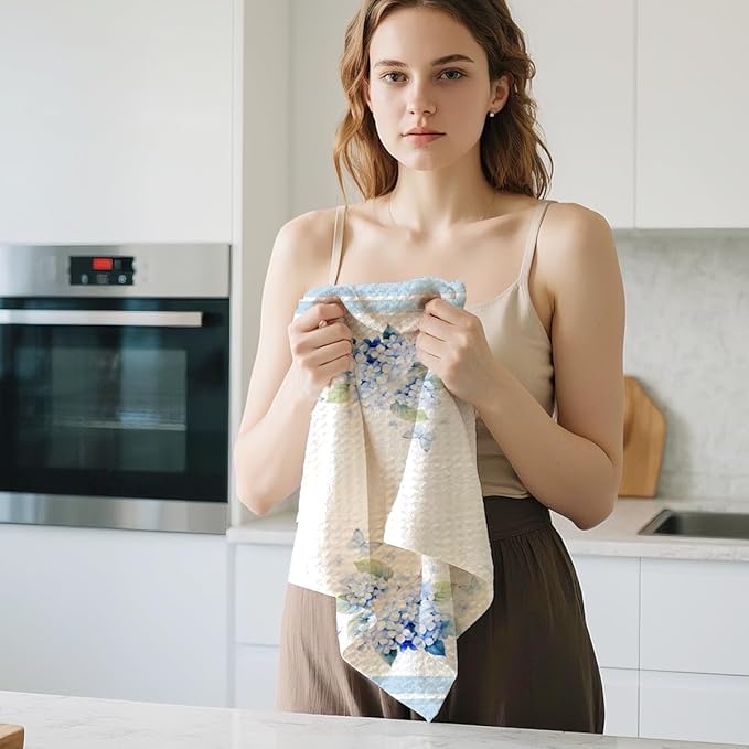 2Pcs Hydrangea Kitchen Towels 24x14 Inch, Spring Summer Flower Waffle Hand Towels for Kitchen Home Decor, White Absorbent Microfiber Dish Cloth Tea Towel, Housewarming Gifts for Women Mom Grandma