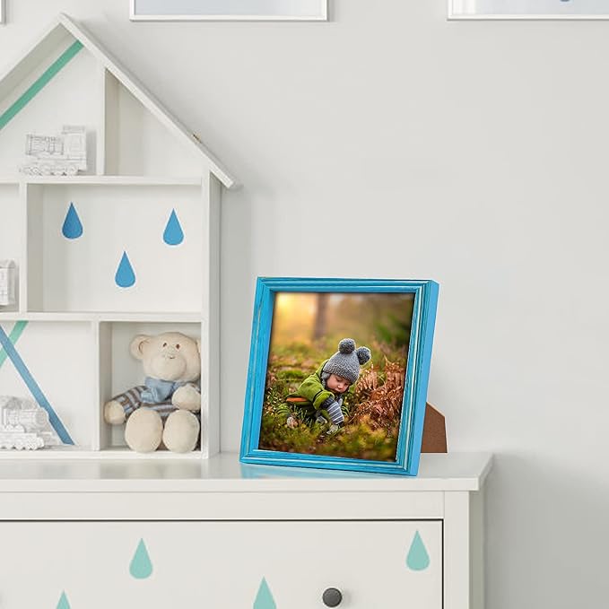 Rustic Wood 8 x 8 Picture Frame Wooden Square Blue Photo Frame with HD Glass Horizontal & Vertical Formats for Wall Mounting or Tabletop Display Gift Family Farmhouse Office Beach Gallery Home Decor