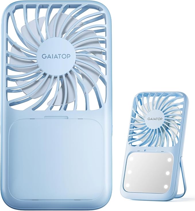 Gaiatop Portable Handheld Fan, 3 Speed LED Makeup Mirror with Light, Folding Stand for Desktop, Rechargeable Mini Personal Fans Small Travel Essentials Gifts for Women Girls