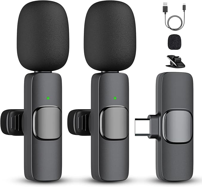 2 Pack Professional Wireless Lavalier Microphone for iPhone 15(Above) and Android USB-C Device, Lapel Mics Plug-Play Clip on Lapel Mic for YouTube, Recording, Vlog, Facebook Live