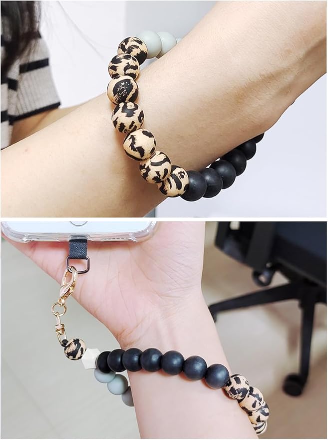 Marble Silicone Beaded Phone Wrist Strap, Cellphone Lanyard with Tether Tab, Elastic Hands-Free Wristlet Bracelet
